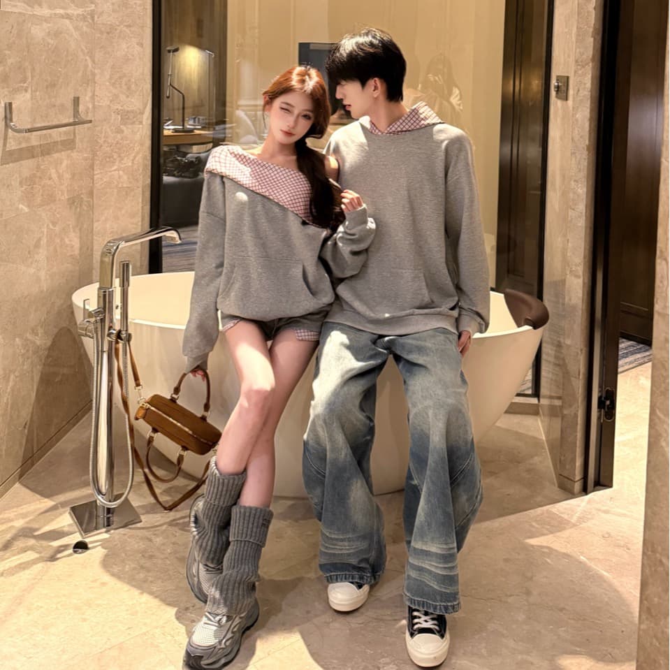 실사 세트 ins 체크무늬 패치워크 후드 티 스웨터 맨위 레트로 느긋한 반바지 두 조각 여성 세트 커플룩 이미지 6