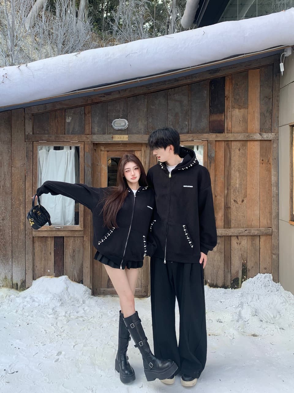 실사 조수 브랜드 커플 아메리칸 불규칙 진주 후드 티 스웨터 루즈핏 두꺼운 보온 재킷 커플룩 이미지 2