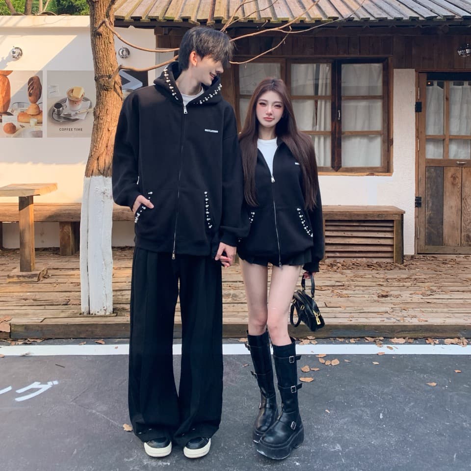 실사 조수 브랜드 커플 아메리칸 불규칙 진주 후드 티 스웨터 루즈핏 두꺼운 보온 재킷 커플룩 이미지 6