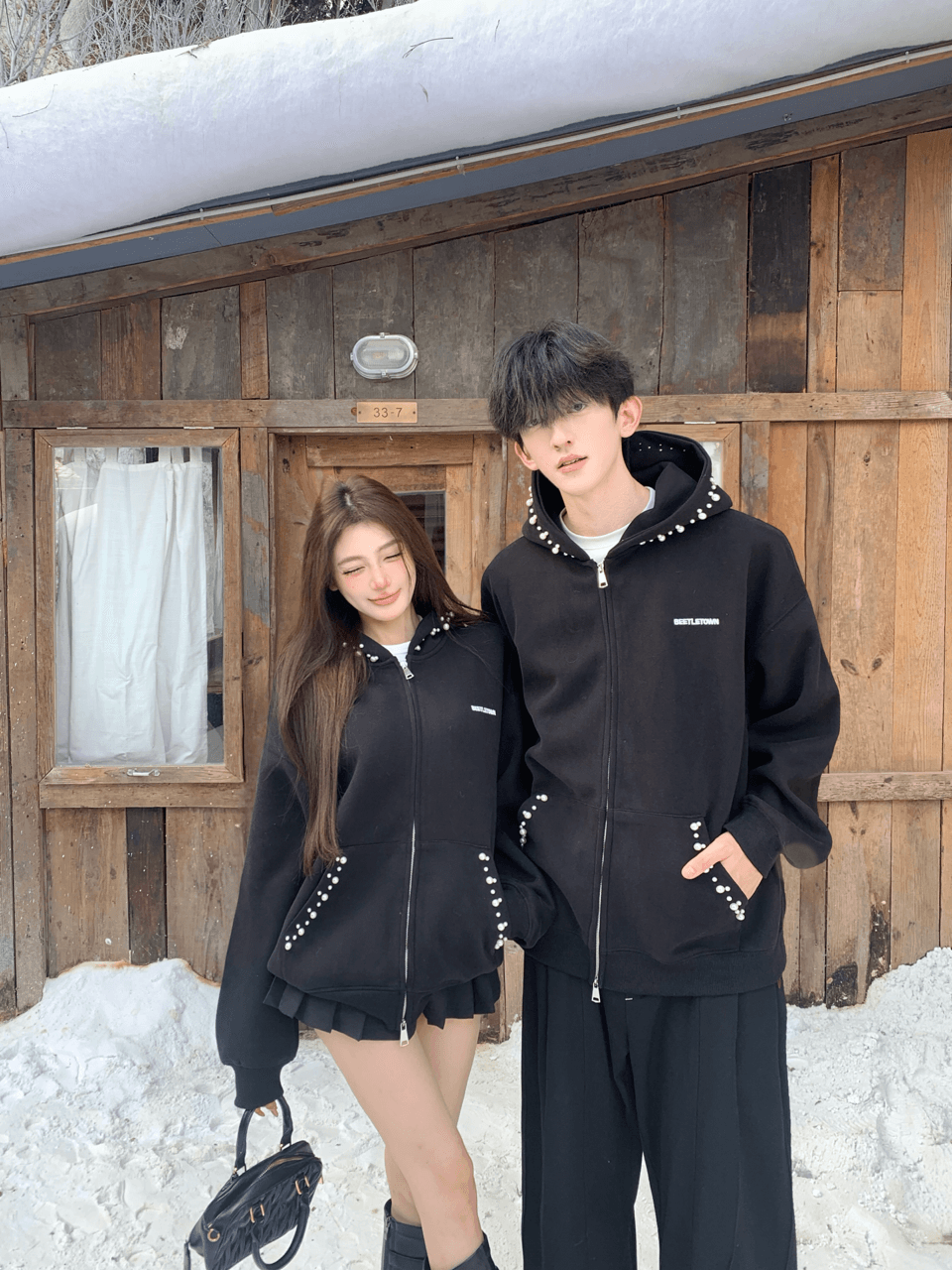 실사 조수 브랜드 커플 아메리칸 불규칙 진주 후드 티 스웨터 루즈핏 두꺼운 보온 재킷 커플룩 상세 이미지 3