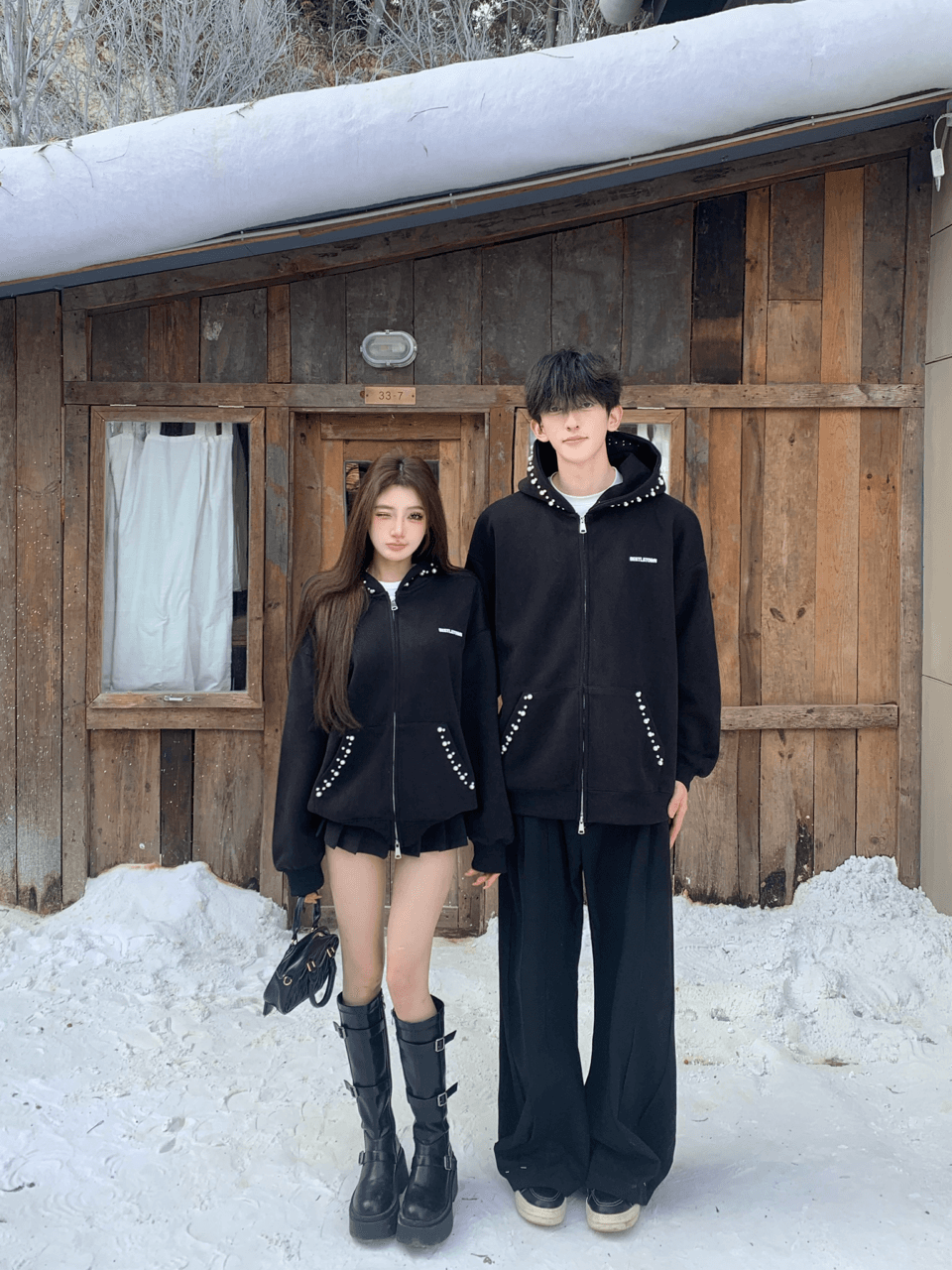 실사 조수 브랜드 커플 아메리칸 불규칙 진주 후드 티 스웨터 루즈핏 두꺼운 보온 재킷 커플룩 상세 이미지 4
