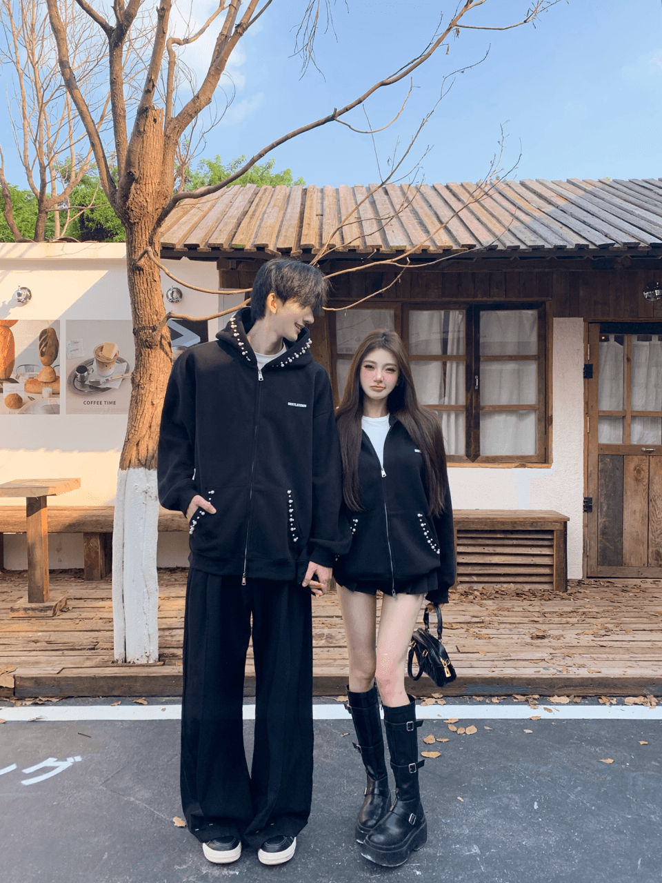 실사 조수 브랜드 커플 아메리칸 불규칙 진주 후드 티 스웨터 루즈핏 두꺼운 보온 재킷 커플룩 상세 이미지 7