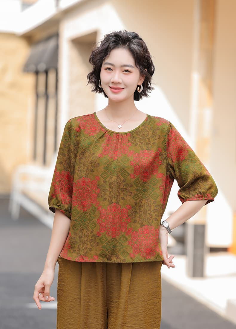 실사 중노년 어머니 드레스 라운드 넥 프린트 여름 새로운 루즈핏 슬림해 보이는 품격 다용도 작은 셔츠 여성 상세 이미지 10