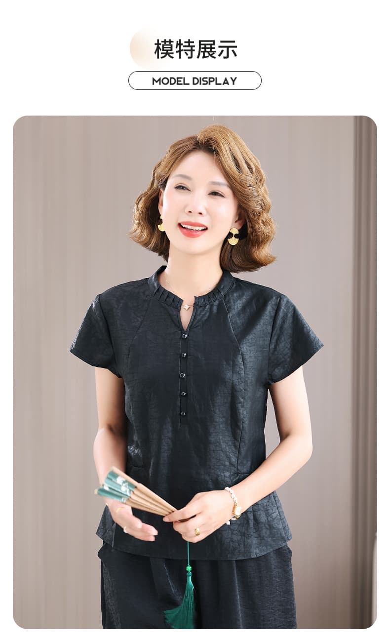 실사 새로운 중식 무거운 실크 세트 2026 봄 새로운 뽕나무 누에 실크 티셔츠 9부 바지 슬림해 보이는 투피스 세트 상세 이미지 8