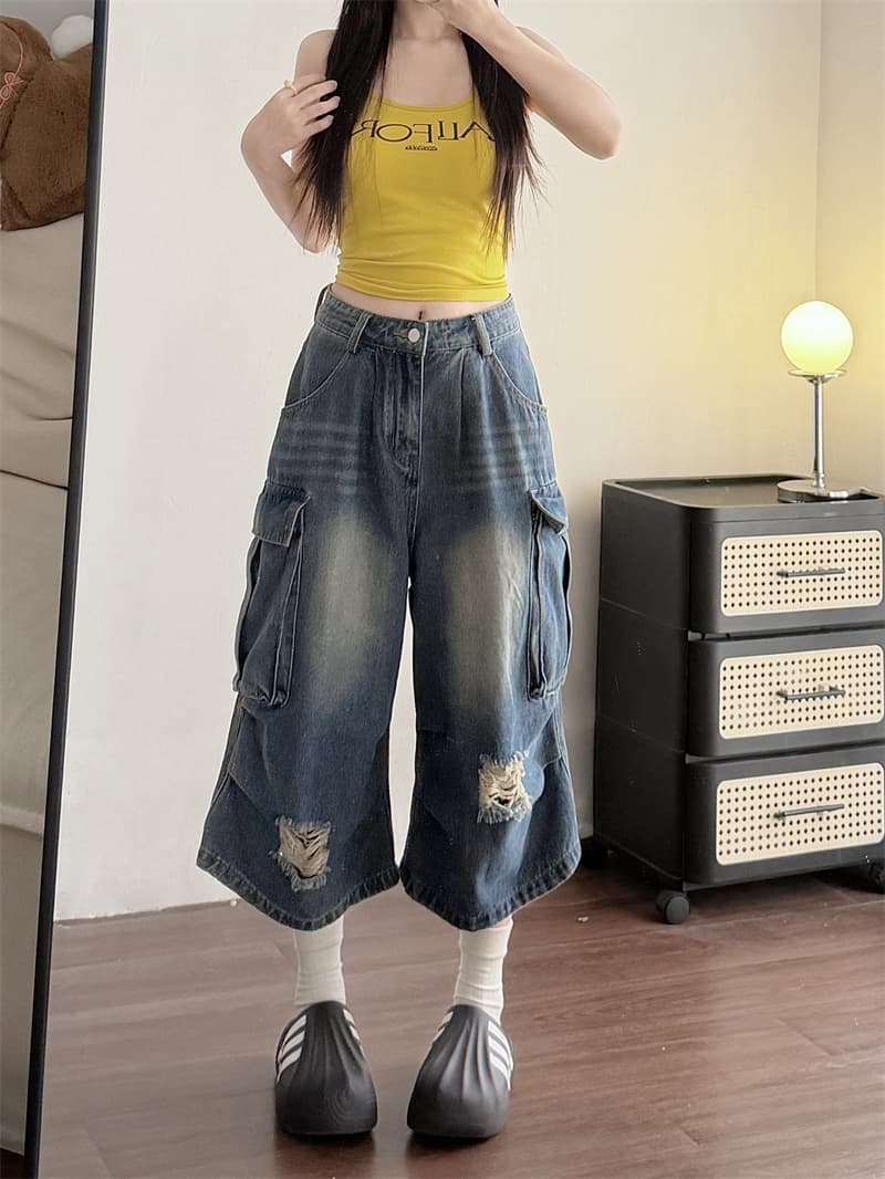 실사 여름 새로운 아메리칸 높음 거리 bf 느긋한 바람 찢어진 부분 7 점 레트로 청바지 여성 bf 느긋한 바람 바지 상세 이미지 2
