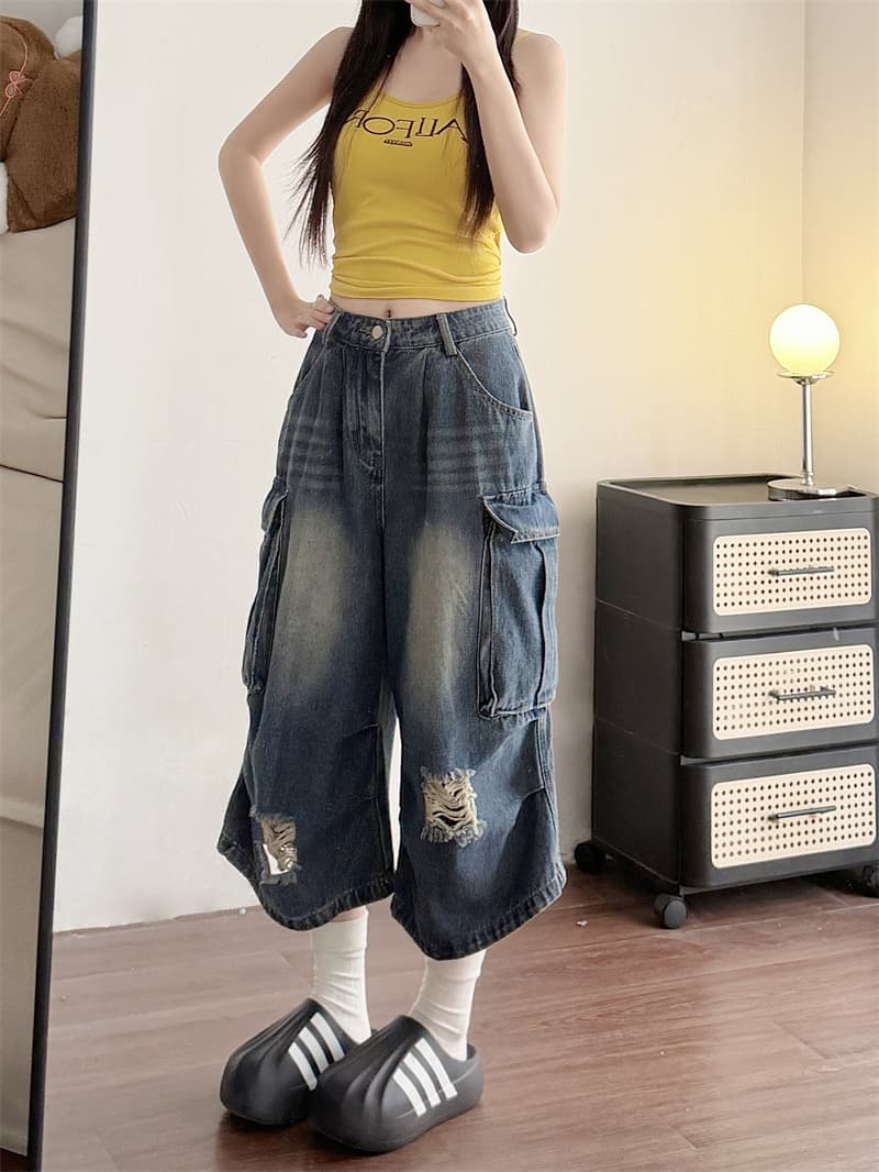 실사 여름 새로운 아메리칸 높음 거리 bf 느긋한 바람 찢어진 부분 7 점 레트로 청바지 여성 bf 느긋한 바람 바지 상세 이미지 3