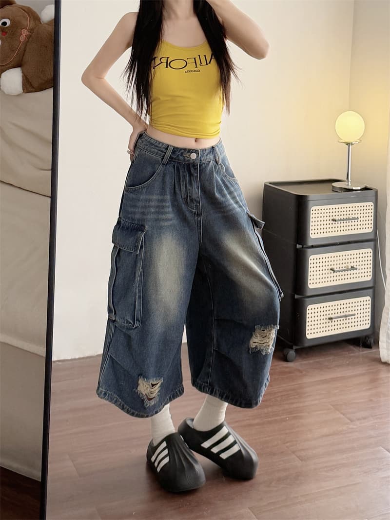 실사 여름 새로운 아메리칸 높음 거리 bf 느긋한 바람 찢어진 부분 7 점 레트로 청바지 여성 bf 느긋한 바람 바지 상세 이미지 11