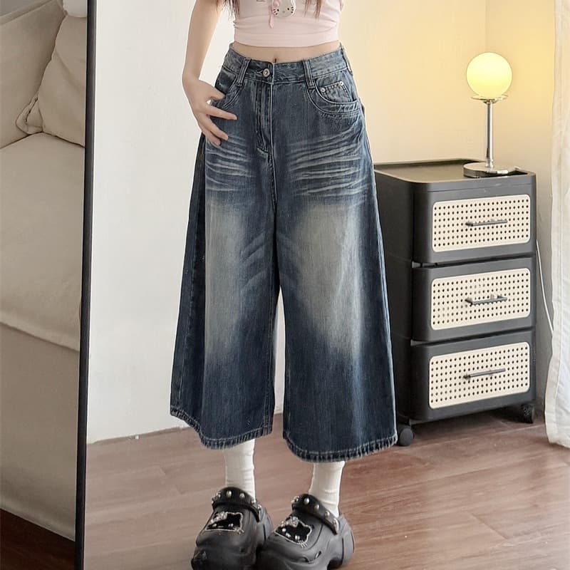 실사 아메리칸 트렌드 프로필 모양 하이웨이스트 7 점 청바지 여름 섹션 레트로 무거운 작업 마 오래된 루즈핏 와이드 레그 팬츠 이미지 5