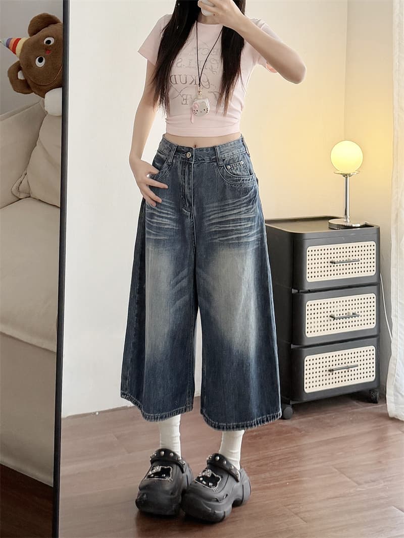 실사 아메리칸 트렌드 프로필 모양 하이웨이스트 7 점 청바지 여름 섹션 레트로 무거운 작업 마 오래된 루즈핏 와이드 레그 팬츠 상세 이미지 5