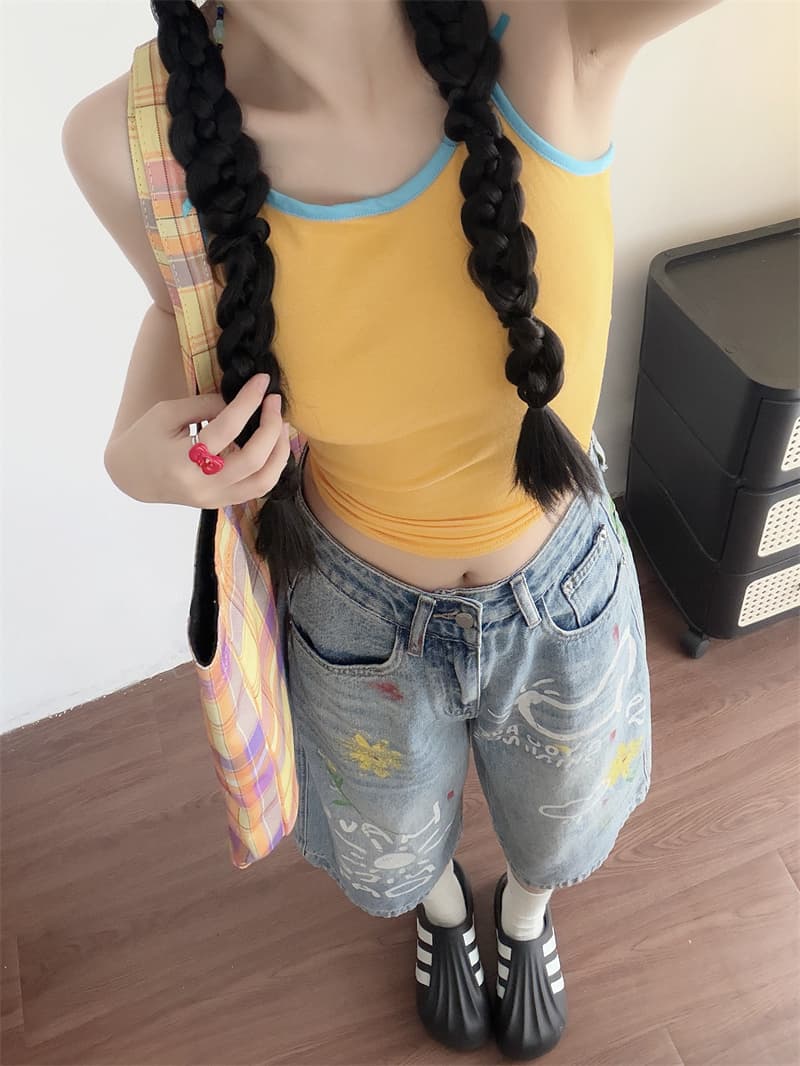 실사 만화 낙서 프린트 7 점 데님 반바지 루즈핏 느긋한 센스 다용도 바지 캐주얼 와이드 레그 팬츠 어린이 상세 이미지 5