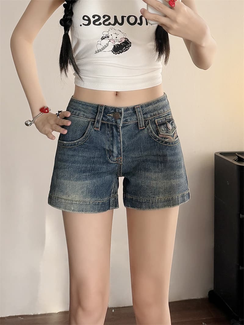 실사 아메리칸 레트로 블루 자수 데님 반바지 여름 2026 새로운 로우 웨이스트 타이트 핫걸 타이트 스커트 핫 바지 상세 이미지 5