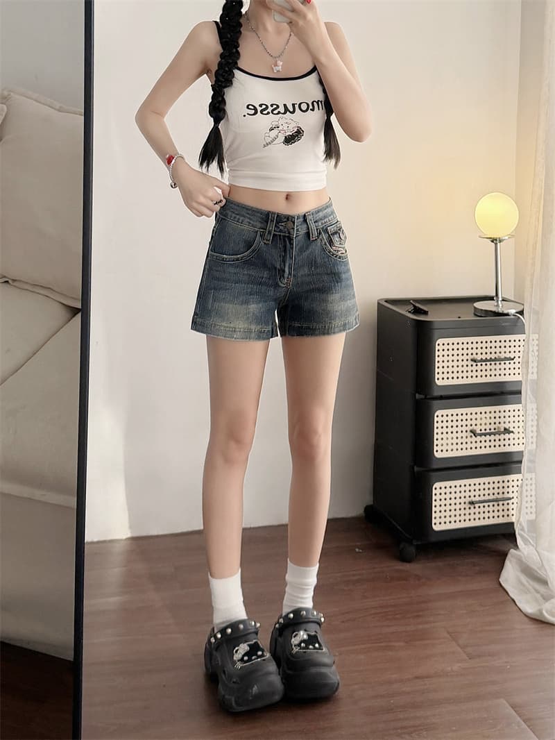 실사 아메리칸 레트로 블루 자수 데님 반바지 여름 2026 새로운 로우 웨이스트 타이트 핫걸 타이트 스커트 핫 바지 상세 이미지 11
