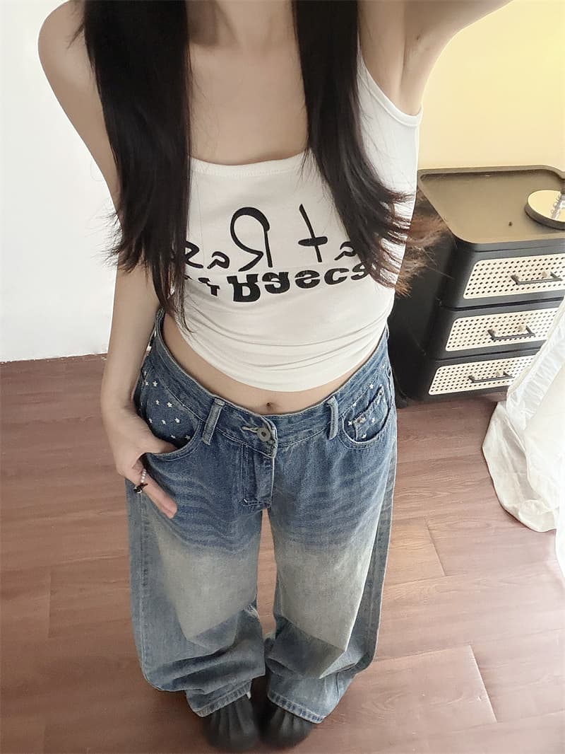 실사 레트로 느긋한 느슨함 센스 별 프린트 와이드 레그 팬츠 작은 대중 슬림해 보이는 다용도 바닥 청소 긴 바지 상세 이미지 8