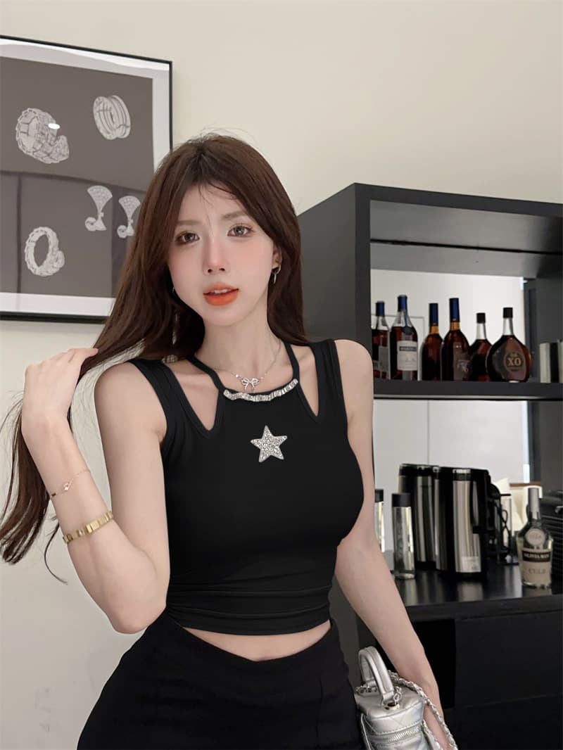 실사 2026 여름 새로운 섹시함 핫걸 조끼 슈퍼 화재 외국 가스 고급 센스 스팽글 자수 비즈 박기 맨위 t 이미지 2