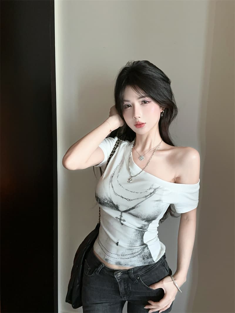 실사 2026 새로운 순수한 욕망 핫걸 비스듬한 어깨 t 고급 3 차원 프린트 외국 가스 슬림해 보이는 맨위 여성 t 상세 이미지 7
