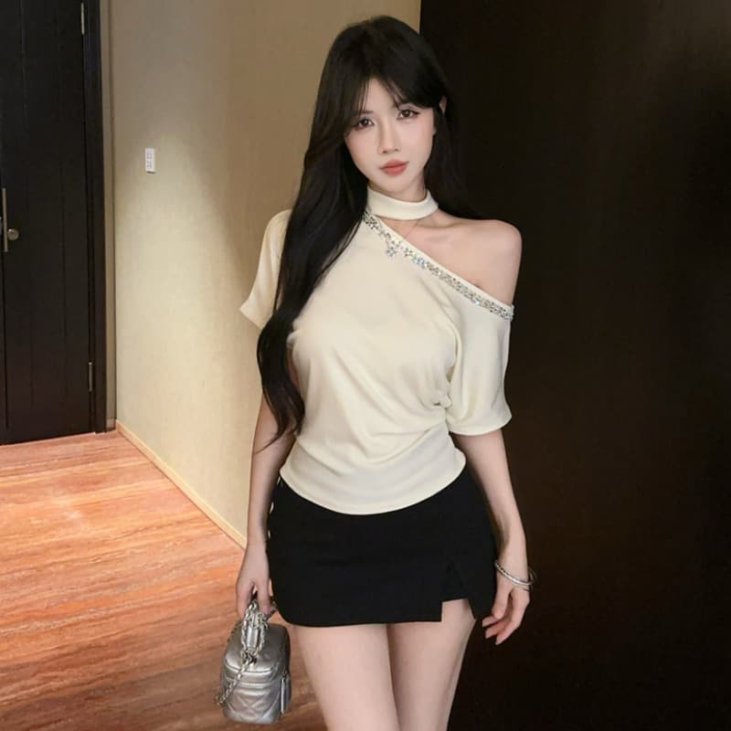 실사 2026 새로운 고급 스팽글 배트윙 소매 오프숄더 맨위 섹시함 핫걸 행침 목 여성 티셔츠 이미지 5