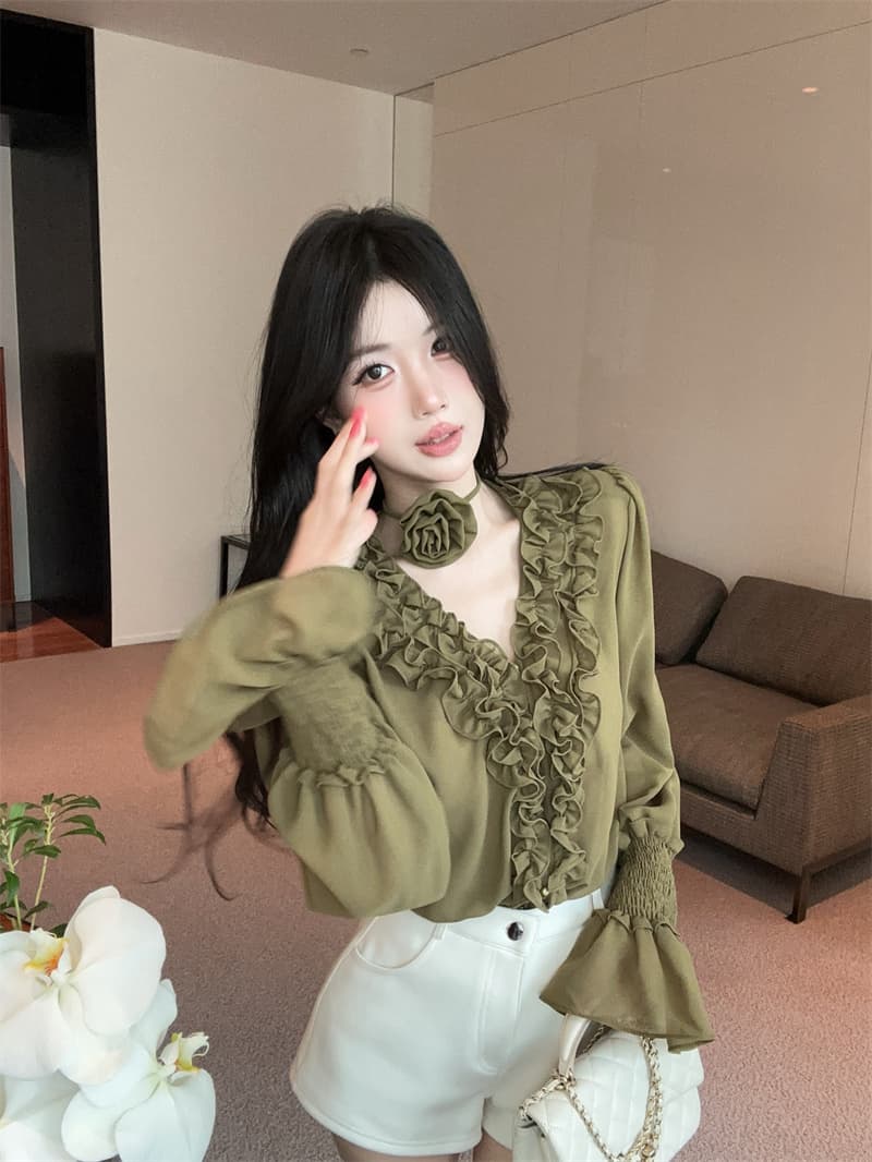 실사 2026 새로운 프랑스식 천 금빛 바람 빛 럭셔리 고급 센스 외국 가스 유리 원사 긴팔 쉬폰 셔츠 상세 이미지 6
