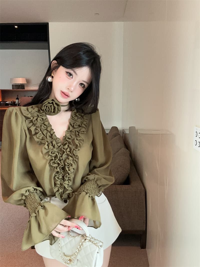 실사 2026 새로운 프랑스식 천 금빛 바람 빛 럭셔리 고급 센스 외국 가스 유리 원사 긴팔 쉬폰 셔츠 이미지 2