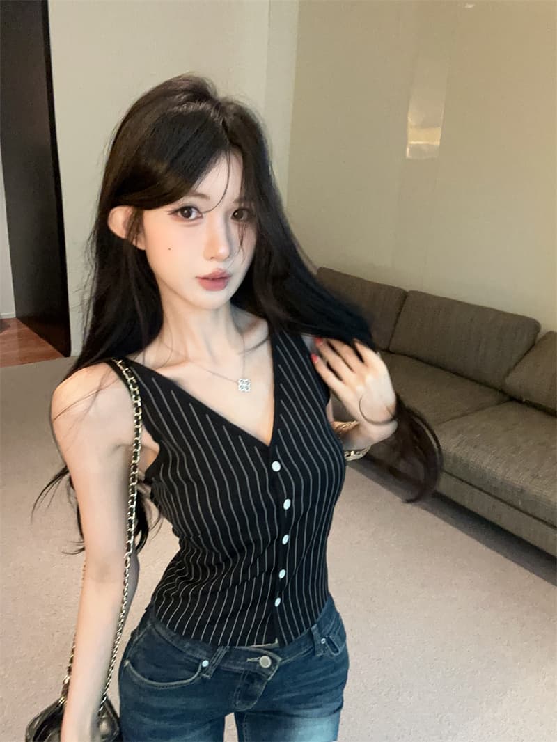실사 2026 새로운 한 부서 스트라이프 조끼 고급 품격 몸매 가꾸기 슬림해 보이는 외국 가스 다용도 여성 슬립 맨위 상세 이미지 3