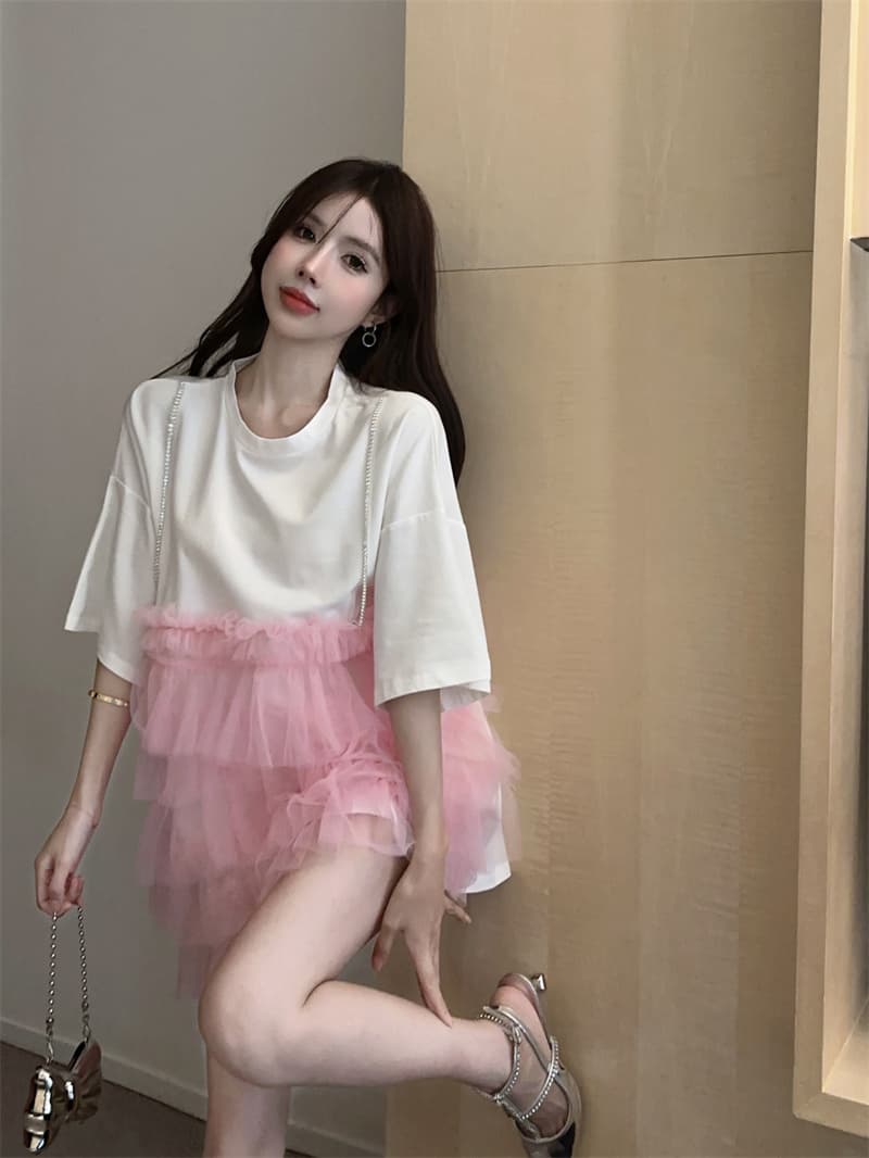 실사 2026 새로운 한국 스타일 망사 패치워크 페이크 레이어드 무거운 작업 빅 사이즈 티셔츠 외국 가스 슬림해 보이는 케이크 드레스 상세 이미지 6