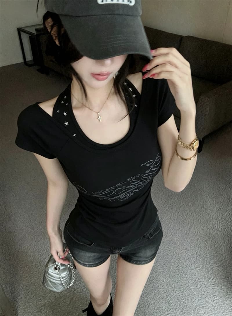 실사 2026 새로운 슈퍼 화재 핫걸 t 고급 프린트 행침 목 페이크 레이어드 슬림해 보이는 무거운 작업 반팔 여성 셔츠