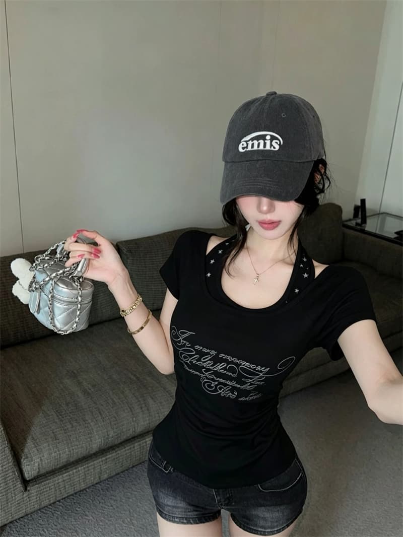 실사 2026 새로운 슈퍼 화재 핫걸 t 고급 프린트 행침 목 페이크 레이어드 슬림해 보이는 무거운 작업 반팔 여성 셔츠 상세 이미지 5