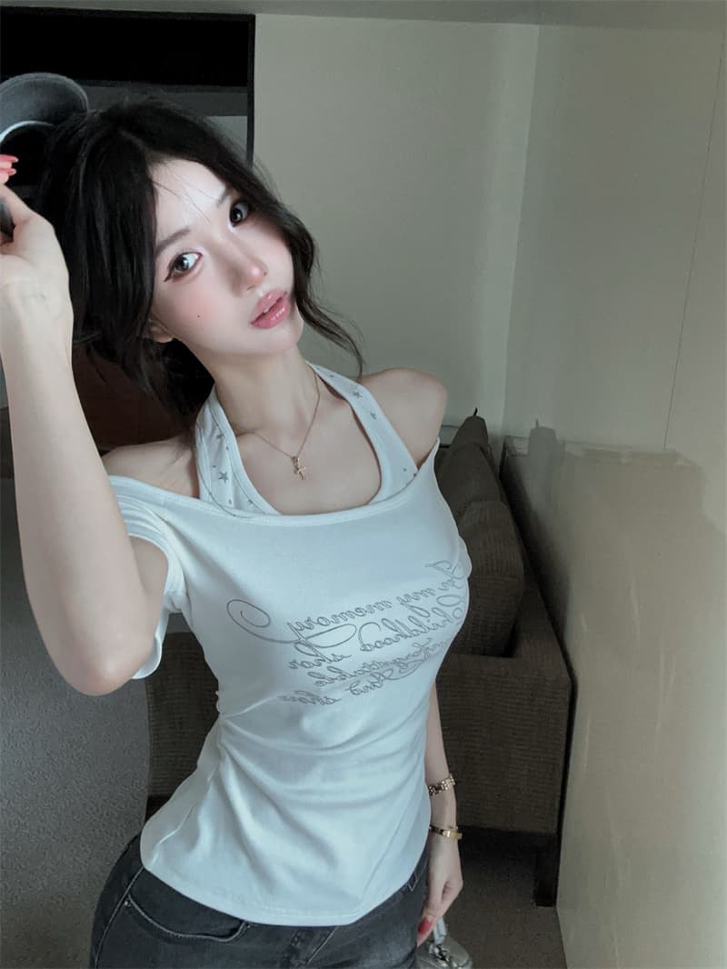 실사 2026 새로운 슈퍼 화재 핫걸 t 고급 프린트 행침 목 페이크 레이어드 슬림해 보이는 무거운 작업 반팔 여성 셔츠 상세 이미지 8