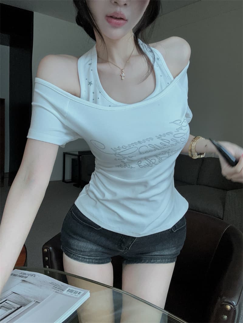 실사 2026 새로운 슈퍼 화재 핫걸 t 고급 프린트 행침 목 페이크 레이어드 슬림해 보이는 무거운 작업 반팔 여성 셔츠 상세 이미지 9
