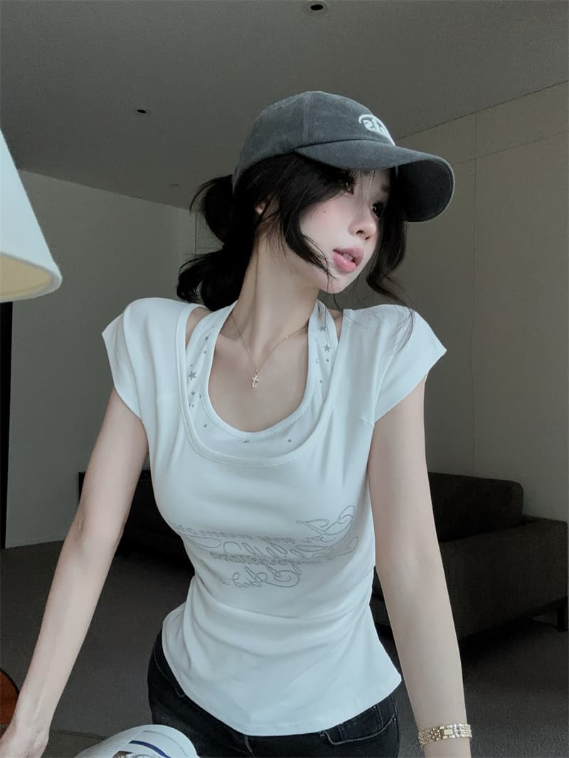 실사 2026 새로운 슈퍼 화재 핫걸 t 고급 프린트 행침 목 페이크 레이어드 슬림해 보이는 무거운 작업 반팔 여성 셔츠 상세 이미지 10