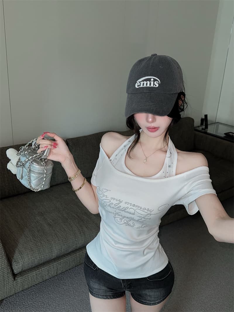 실사 2026 새로운 슈퍼 화재 핫걸 t 고급 프린트 행침 목 페이크 레이어드 슬림해 보이는 무거운 작업 반팔 여성 셔츠 상세 이미지 19
