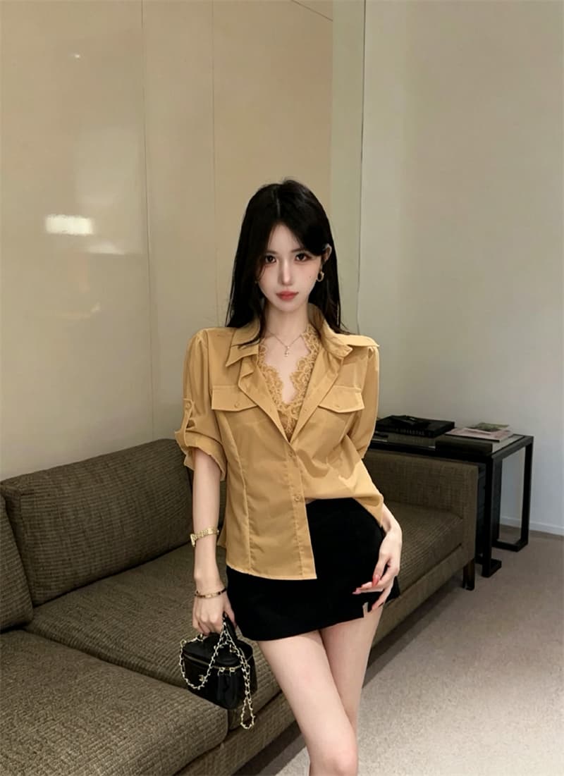 실사 2026 새로운 외국 가스 고급 센스 워크웨어 맨위 레이스 조각 페이크 레이어드 슬림해 보이는 반팔 조류 소녀 셔츠 상세 이미지 4