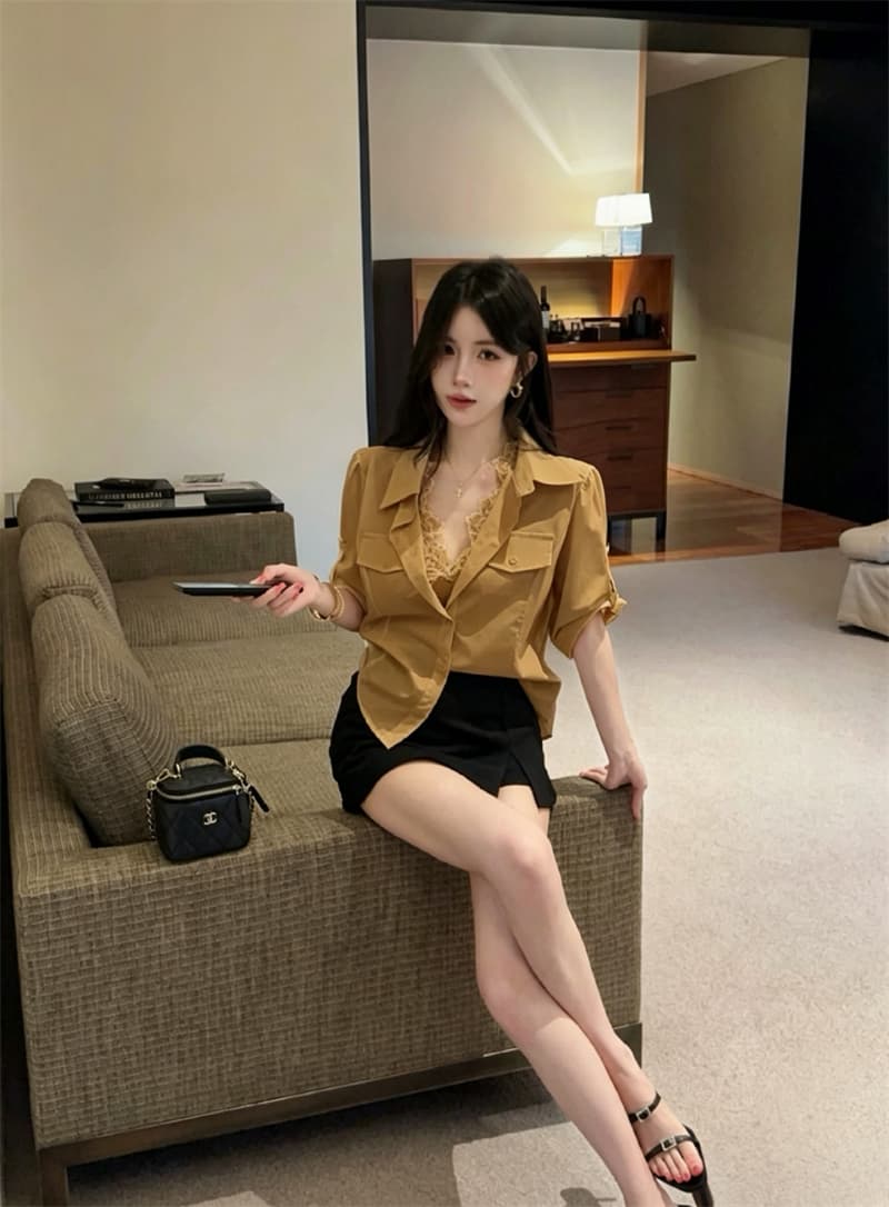 실사 2026 새로운 외국 가스 고급 센스 워크웨어 맨위 레이스 조각 페이크 레이어드 슬림해 보이는 반팔 조류 소녀 셔츠 상세 이미지 5