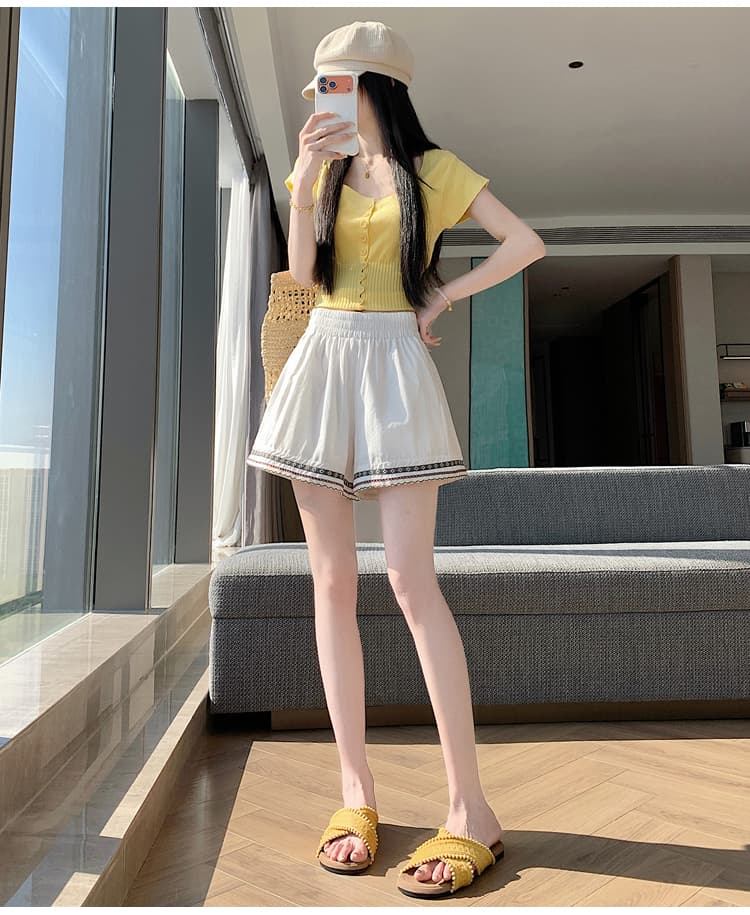 단색 자수 반바지 여성 여름 외출용 루즈핏 슬림해 보이는 와이드 레그 팬츠 밴딩 하이웨이스트 한 마디 캐주얼 다용도 핫 바지 상세 이미지 20