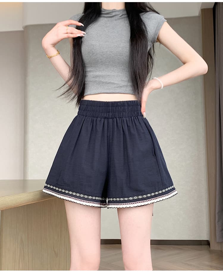 단색 자수 반바지 여성 여름 외출용 루즈핏 슬림해 보이는 와이드 레그 팬츠 밴딩 하이웨이스트 한 마디 캐주얼 다용도 핫 바지 상세 이미지 34