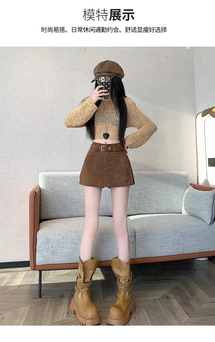 실사 레트로 핫걸 단색 사슴 플러시 가죽 노출 방지 반신 스커트 여성 의류 가을 슬림해 보이는 A라인 스커트 미니 스커트 상세 이미지 13
