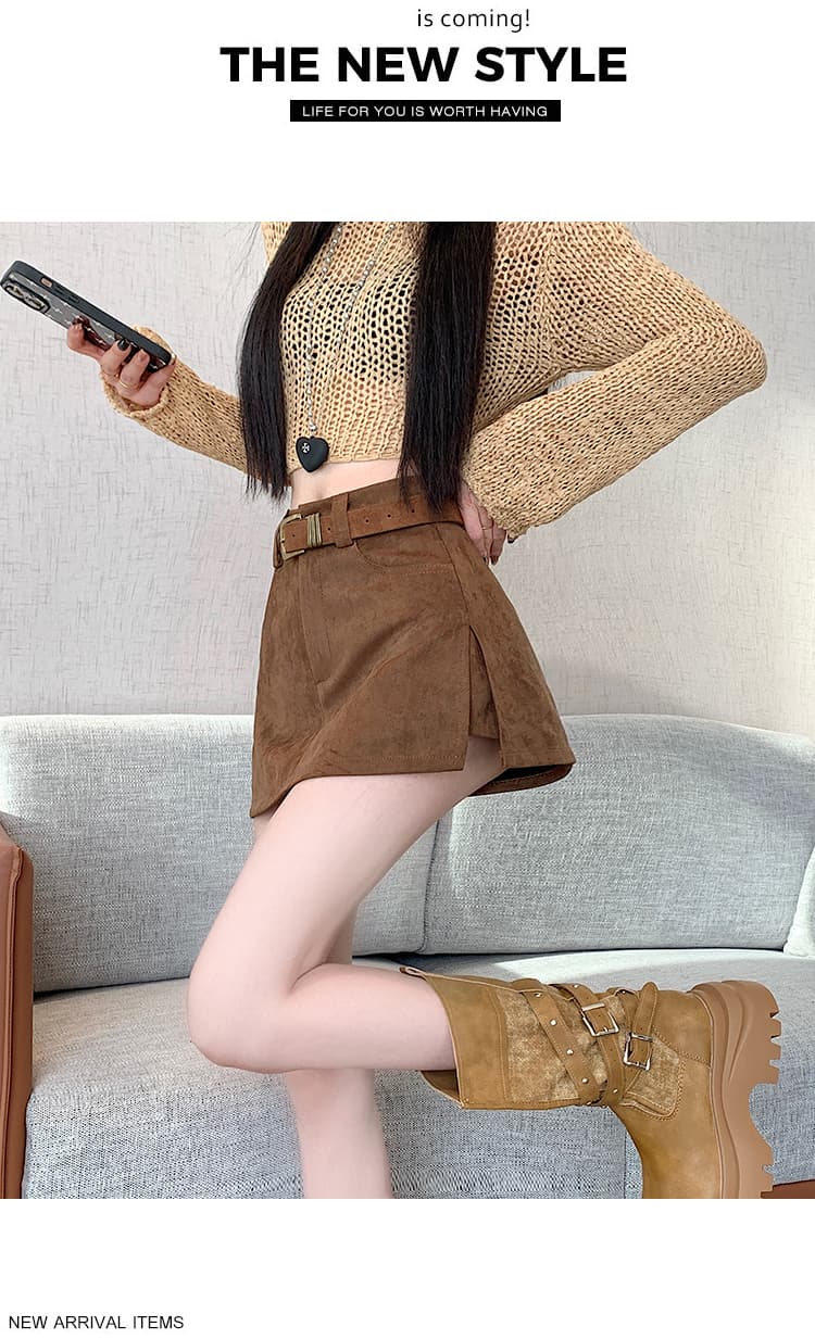 실사 레트로 핫걸 단색 사슴 플러시 가죽 노출 방지 반신 스커트 여성 의류 가을 슬림해 보이는 A라인 스커트 미니 스커트 상세 이미지 19