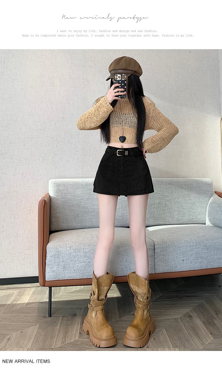 실사 레트로 핫걸 단색 사슴 플러시 가죽 노출 방지 반신 스커트 여성 의류 가을 슬림해 보이는 A라인 스커트 미니 스커트 상세 이미지 28