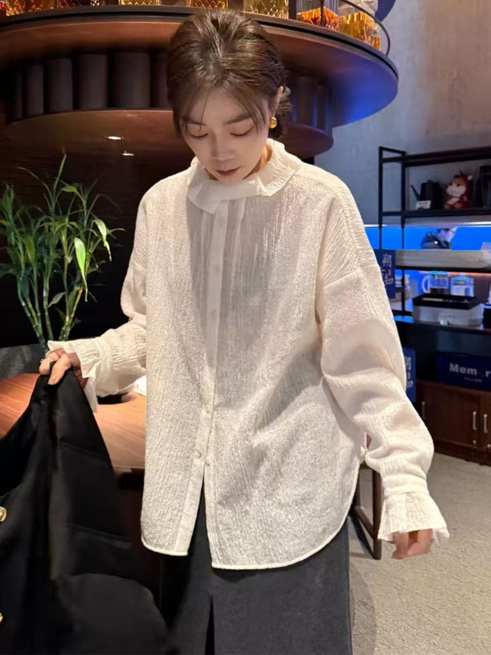 프랑스식 레트로 질감 센스 스탠드 칼라 화이트 여성 셔츠 2026 봄 새로운 셔츠 루즈핏 스택 착용 만나는 맨위 이미지 3