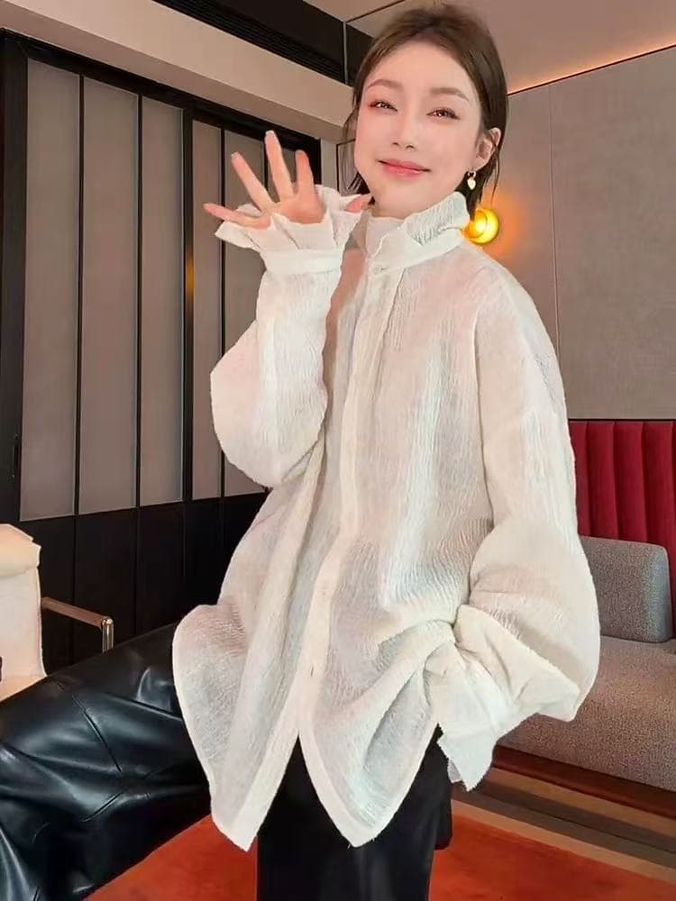 프랑스식 레트로 질감 센스 스탠드 칼라 화이트 여성 셔츠 2026 봄 새로운 셔츠 루즈핏 스택 착용 만나는 맨위 이미지 2