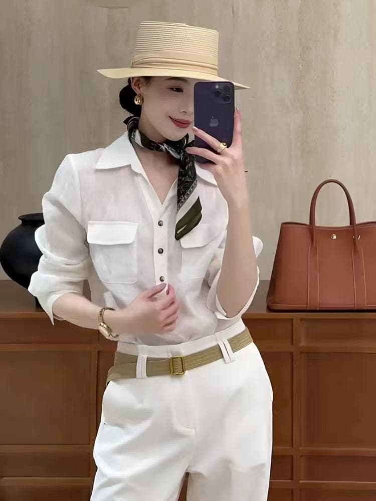 고급 센스 V넥 화이트 셔츠 여자 2026 새로운 봄 디자인 센스 셔츠 프랑스식 사소한 Chic 맨위 이미지 2