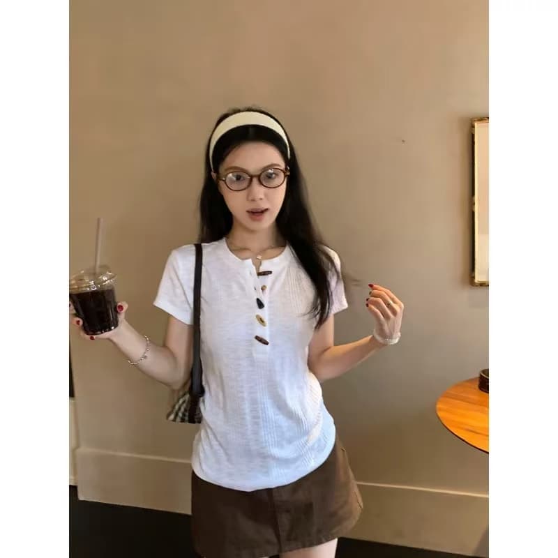 대나무 마디 면 질감 센스 소뿔 버클 반팔 티셔츠 여성 작은 키 몸매 가꾸기 슬림해 보이는 다용도 인사이드 잡아라. 의류 여름 상세 이미지 1