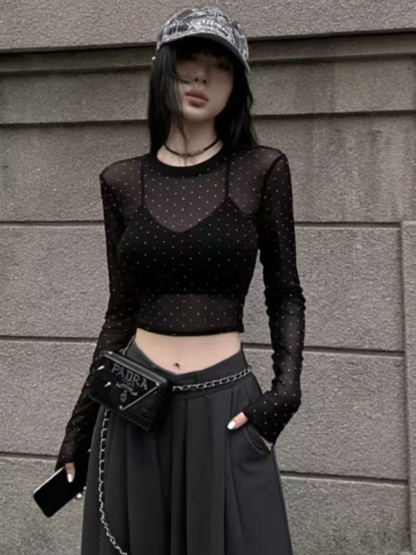 프랑스식 빛 요리 한 도트 무늬 Chic 이슬 허리 시스루 티셔츠 여름 새로운 에어컨 셔츠 긴팔 망사 자외선 차단 맨위 ins 이미지 4