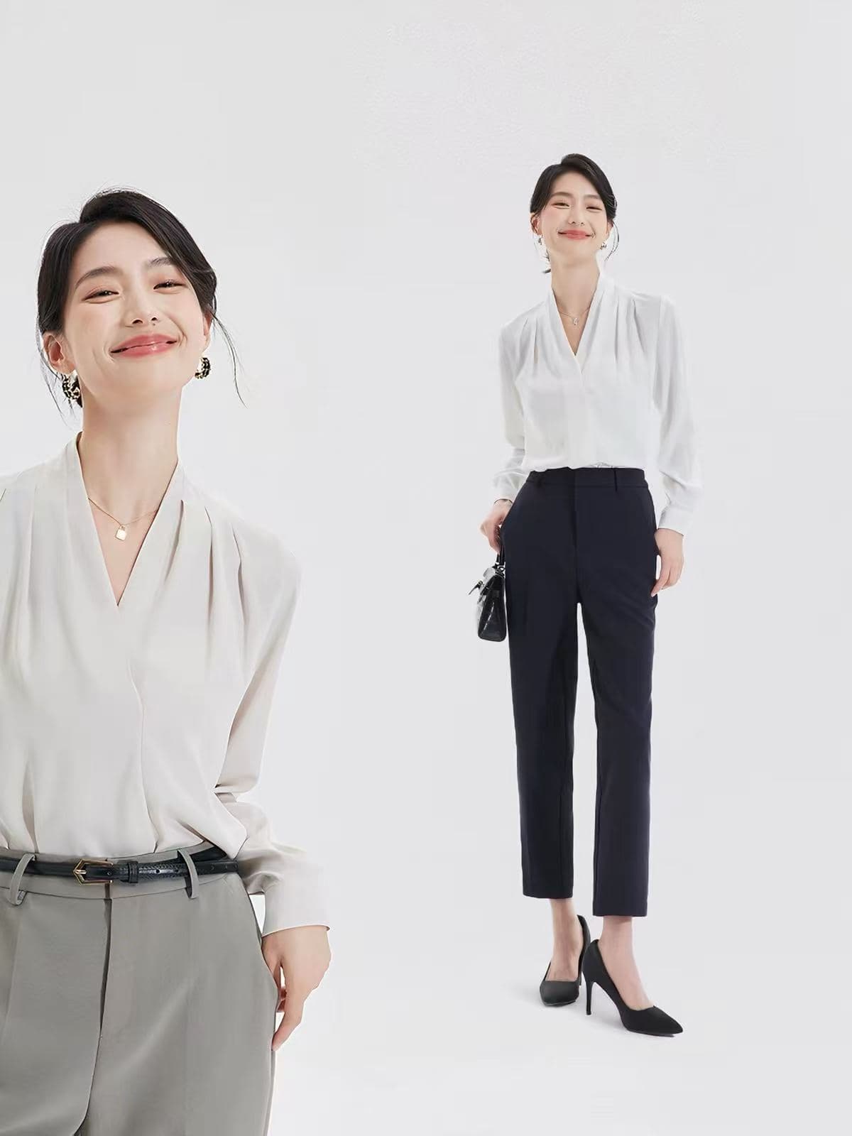 파란색 긴팔 셔츠 얇은 스타일 ol 여성 품격 프랑스식 V넥 경력 셔츠 직장 출퇴근 맨위 이미지 4