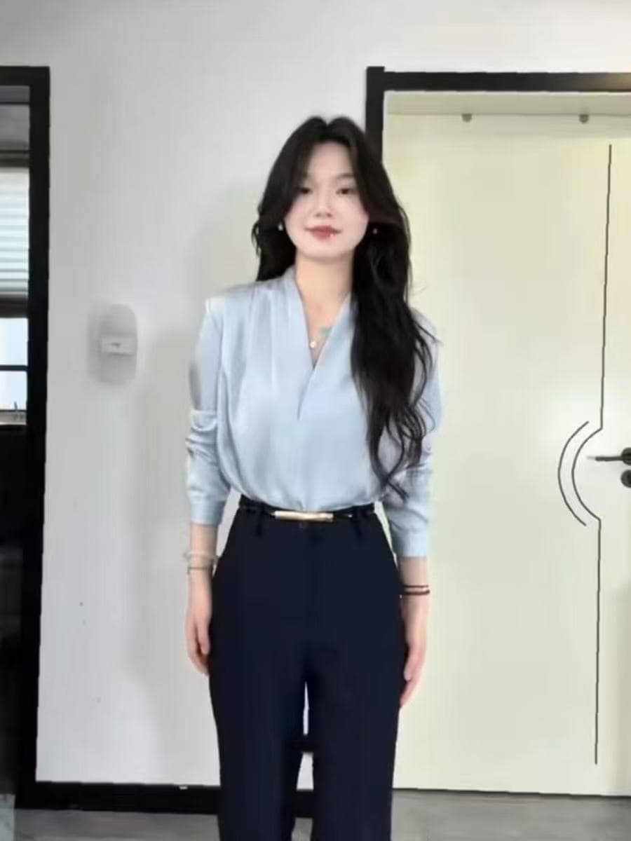 프랑스식 파란색 V넥 여성 셔츠 봄 새로운 고급 센스 출퇴근 경력 셔츠 스택 착용 인사이드 가져 가라. 긴팔 맨위 상세 이미지 3