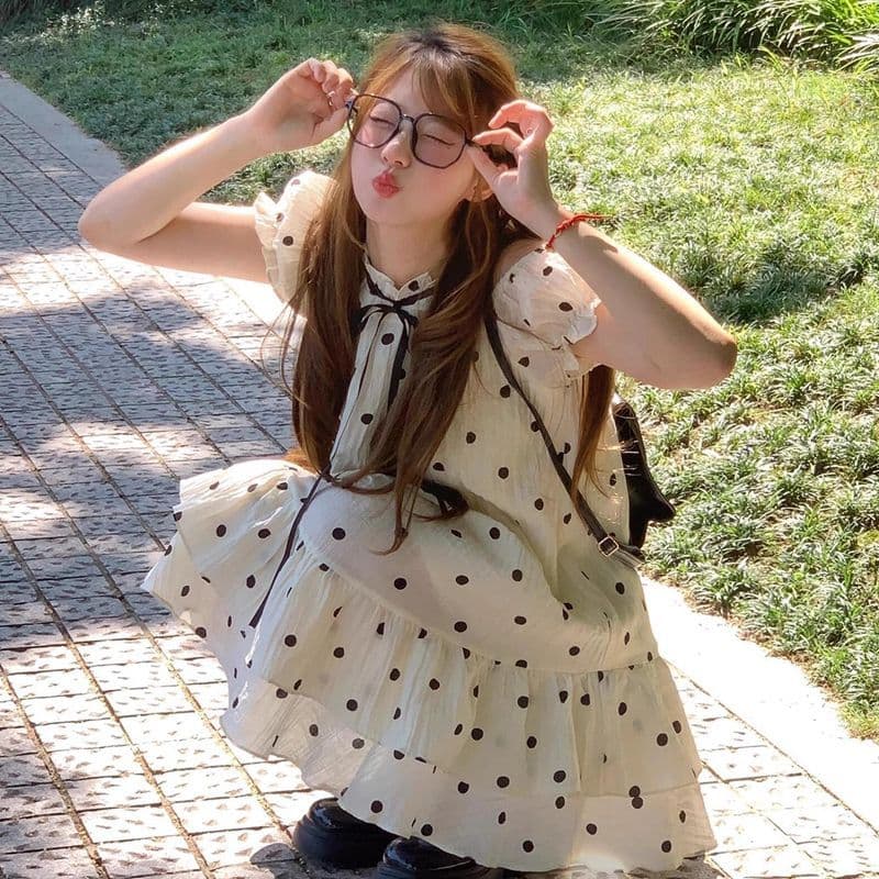 원본 것 네리 오프숄더 행침 목 여성 드레스 작은 키 반팔 도트 무늬 품격 퍼프 인형 미니 스커트 이미지 2