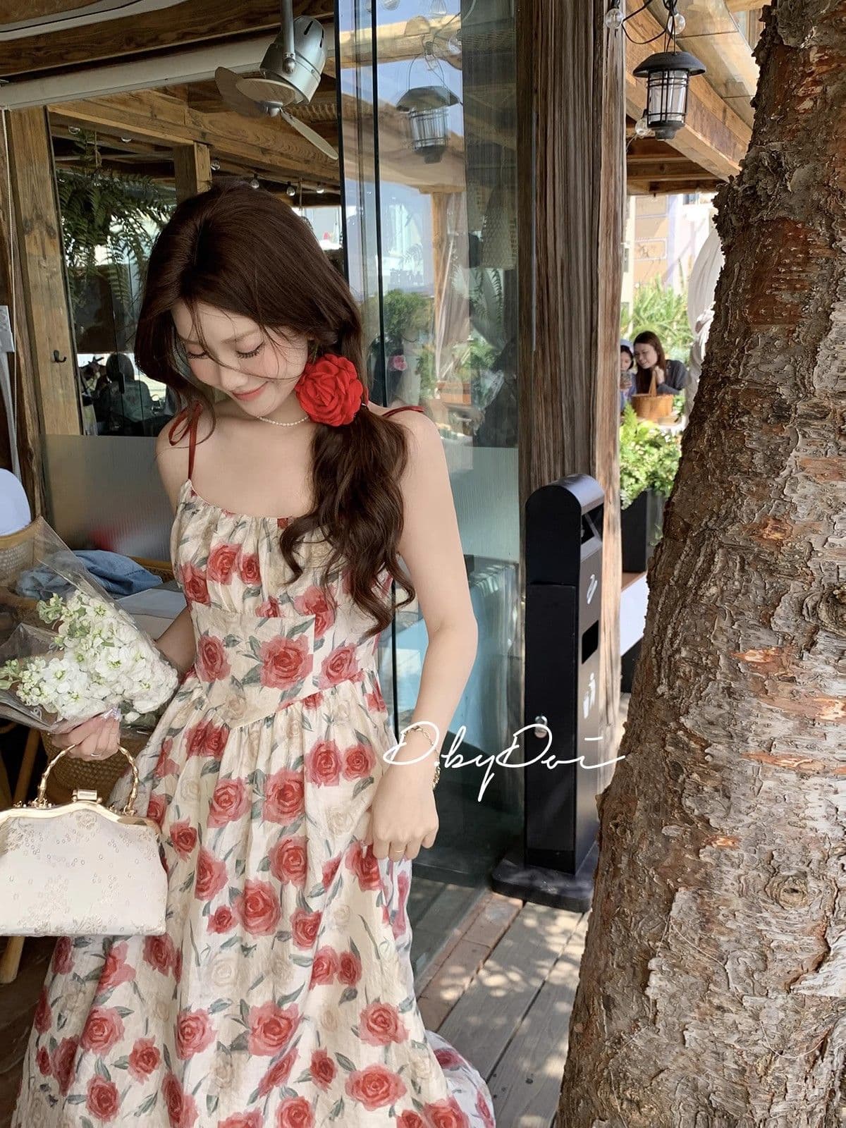 차 휴식 프랑스식 슈퍼 잘 생긴 여성 드레스 2026 여름 새로운 해변가 휴가 빨간색 꽃무늬 슬립 드레스 롱 스커트 상세 이미지 7