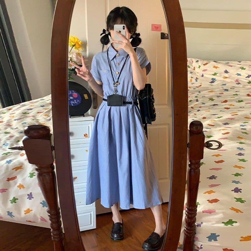 원본 것 벨트 보내기 한 부서 학원 스타일 셔츠 드레스 프랑스식 고유 한 아름다운 꼬집기 허리 치마 허리 수축 롱 스커트 이미지 3