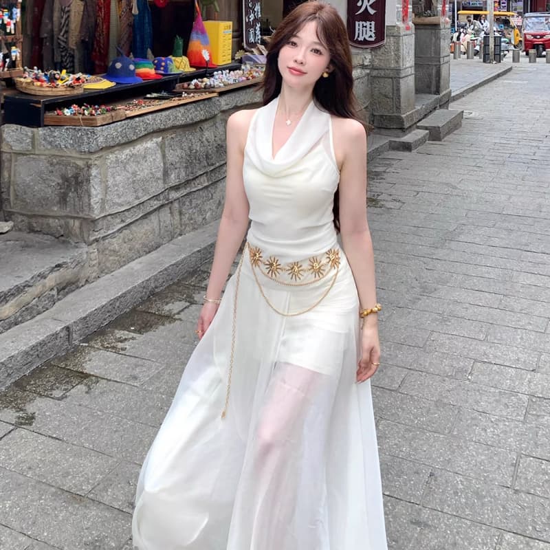 원본 것 벨트 보내기 프랑스식 품격 디자인 센스 민소매 행침 목 허리 수축 슬림해 보이는 흔들다 칼라 드레스 여성 의류 이미지 5