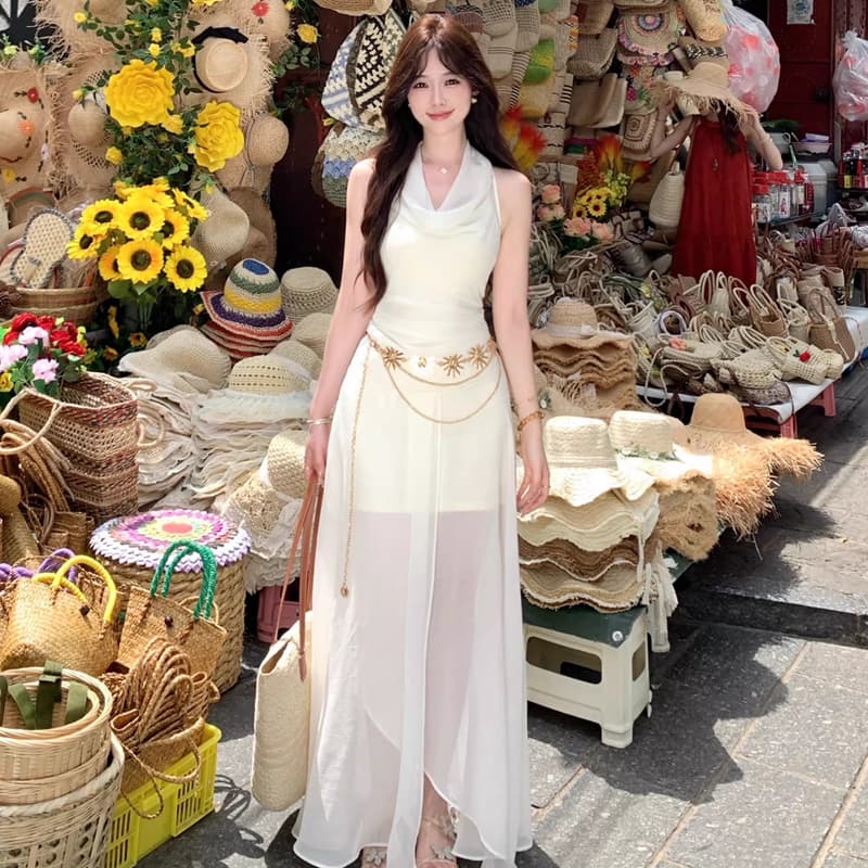 원본 것 벨트 보내기 프랑스식 품격 디자인 센스 민소매 행침 목 허리 수축 슬림해 보이는 흔들다 칼라 드레스 여성 의류 이미지 4