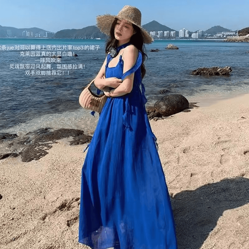 원본 것 있음 네리 프랑스식 품격 파란색 민소매 슬립 점프 슈트 치마 아름다운 해변가 휴가 바람 롱 스커트 이미지 5